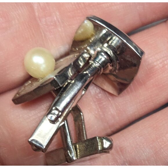 Vintage Engraved Square Silver Tone Cufflinks With Faux Pearl Accents - Picture 9 of 9